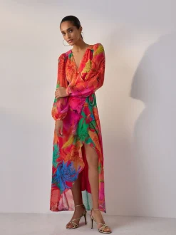 Kew Collection Bright Floral - Occasion Long Sleeve Wrap Midi Dress