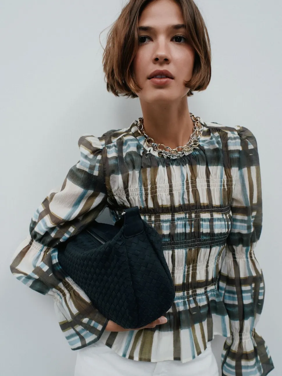 Khaki/Cream Check - Sheer Smocked Long Sleeve Top