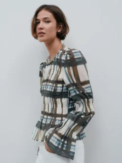 Khaki/Cream Check - Sheer Smocked Long Sleeve Top