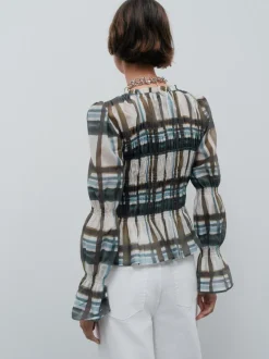 Khaki/Cream Check - Sheer Smocked Long Sleeve Top