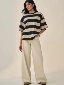 Kiezelkleurige neutrale streep - Boxy oversized T-shirt met relaxte pasvorm van zware stof en ronde hals