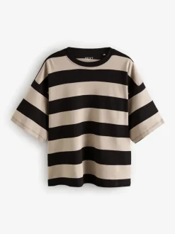 Kiezelkleurige neutrale streep - Boxy oversized T-shirt met relaxte pasvorm van zware stof en ronde hals