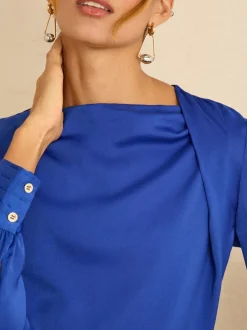 Kobaltblauw - Love & Roses Lange mouwen Satijn Watervalhals Blouse