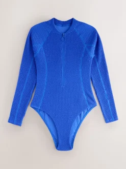 Kobaltblauw met kreukeltextuur - Surfbadpak met lange mouwen
