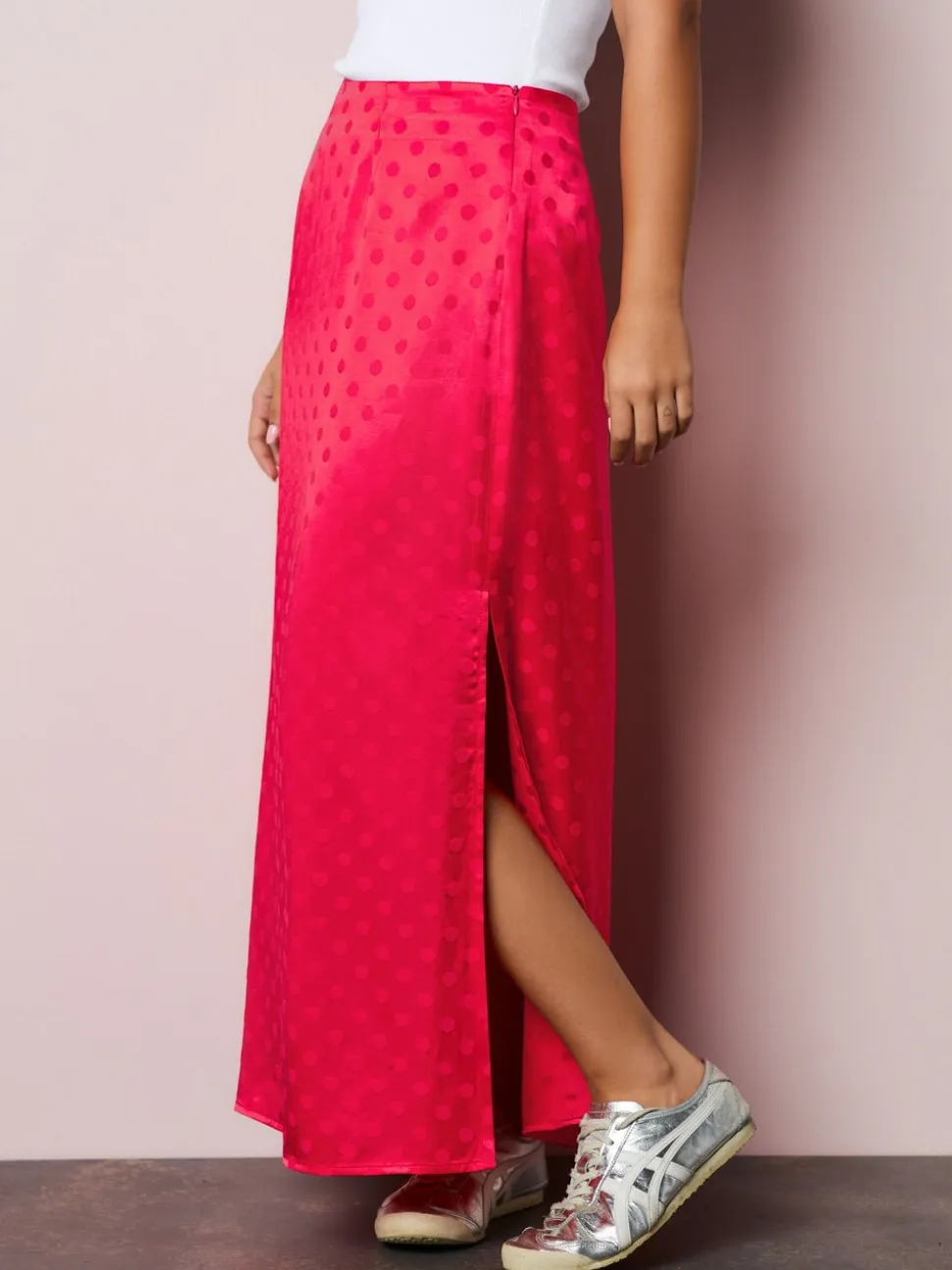 Koraalrood/roze - Jacquard Polka Dot Satin Skirt