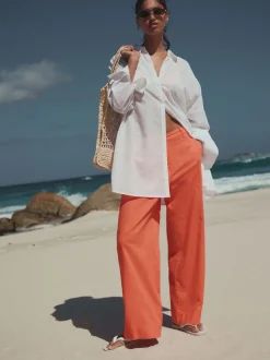 Koraalroze - Smart Front Linen Blend Wide Leg Trousers