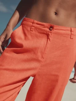 Koraalroze - Smart Front Linen Blend Wide Leg Trousers