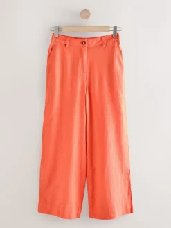 Koraalroze - Smart Front Linen Blend Wide Leg Trousers