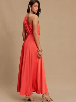 Koraalroze - Textured Satin Scarf Neck Midi Dress