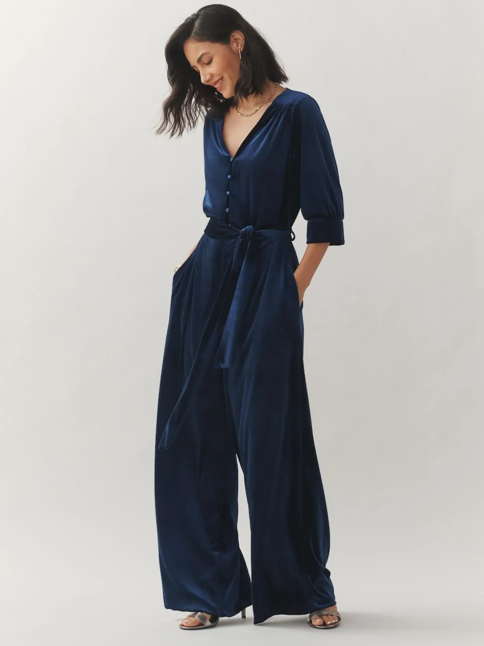 Laura Ashley Velvet Elasticated Waist Wide Leg Party Jumpsuit