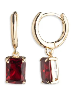 Lauren Ralph Lauren Tone 12mm Huggie Earrings with Red Crystal Drop