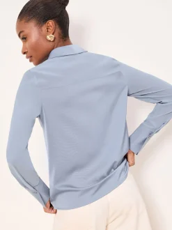 Lichtblauw - Lipsy Long Sleeve Satin Chiffon Mix Shirt
