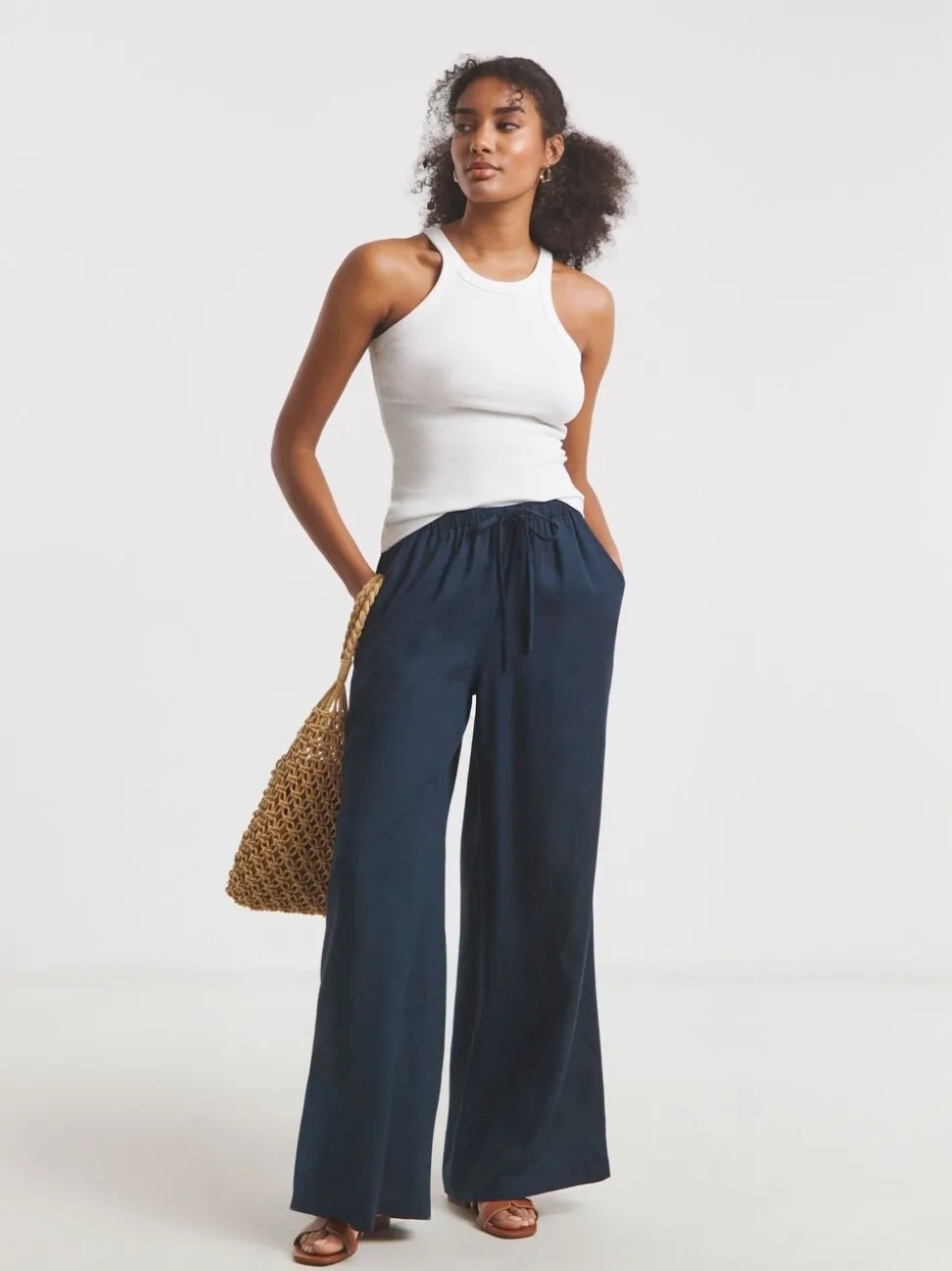 Lichtblauw - Simply Be Tie Waist Wide Leg Linen Mix Trousers