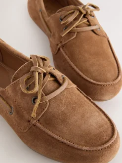 Lichtbruin - Leren bootschoenen met ronde neus