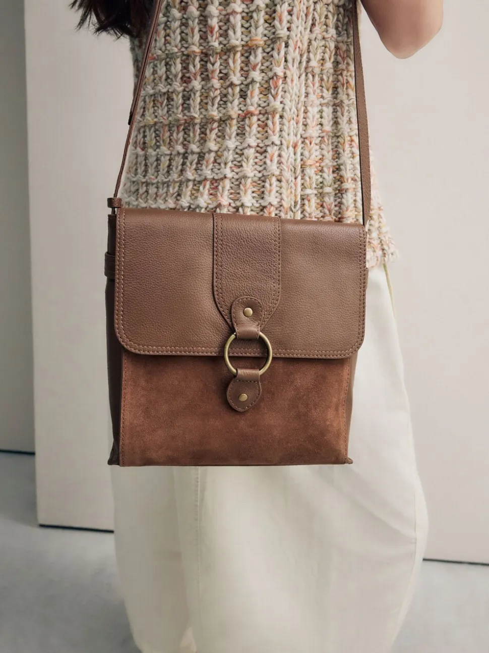 Lichtbruin - Leren messenger-tas met vak