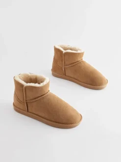 Lichtbruin - Suède pantoffellaarsjes met voering van imitatiebont