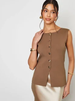 Lichtbruin - Threadbare Ribbed Knitted Waistcoat