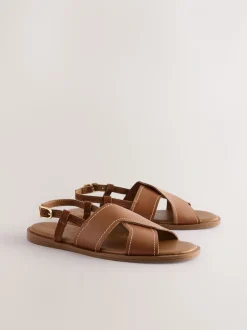 Lichtbruin leer - Gestikte sandalen met hielbandje