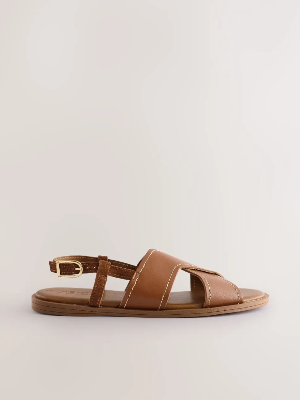 Lichtbruin leer - Gestikte sandalen met hielbandje