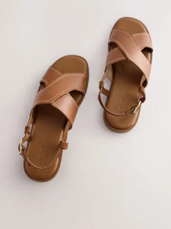 Lichtbruin leer - Gestikte sandalen met hielbandje