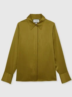 Lichtgroen - Reiss Ameira Silk-Satin Concealed-Placket Shirt
