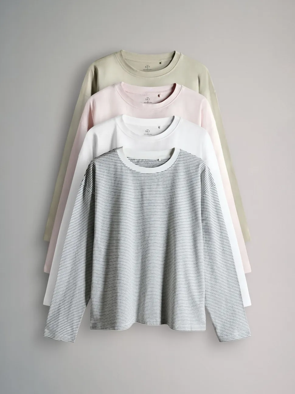 Light Green/Pink/White/Stripe - The Set 4 Pack 100% Cotton Relaxed Long Sleeve T-Shirts