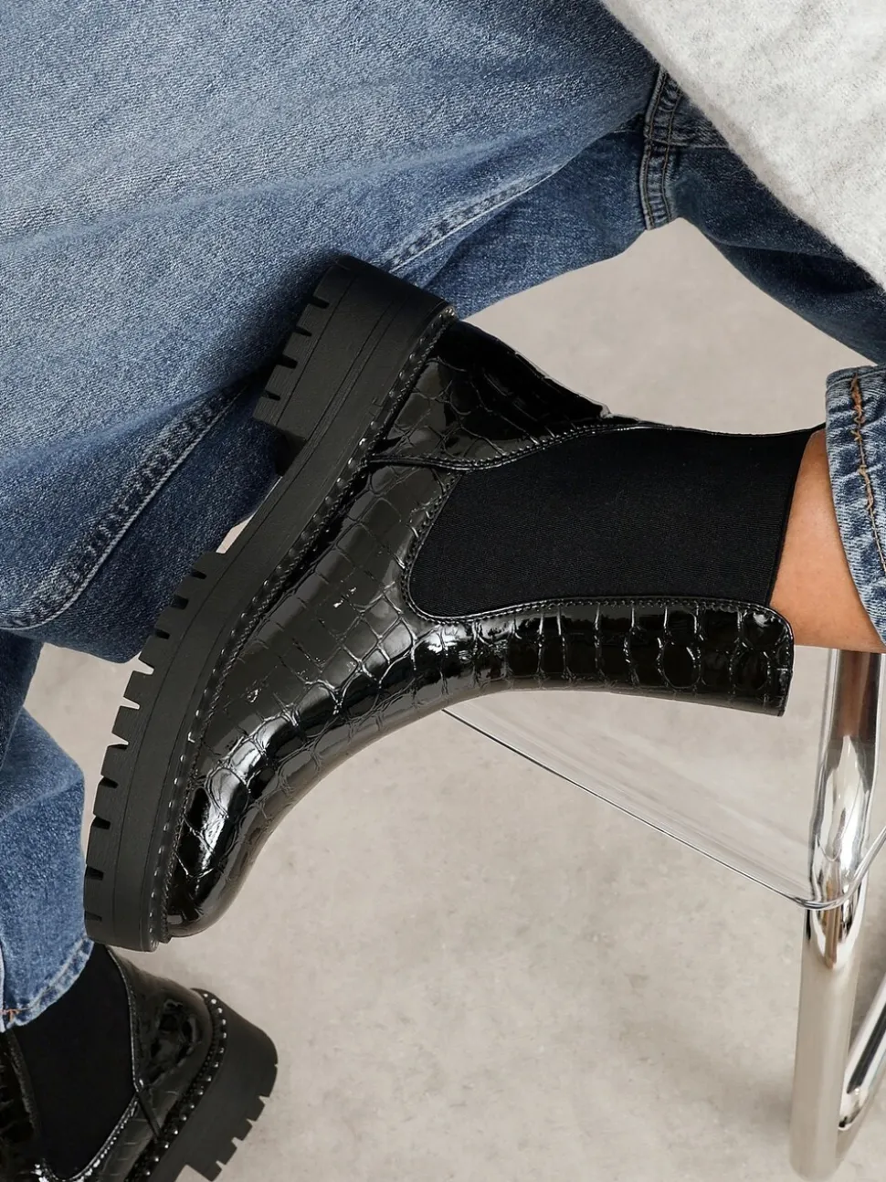 Linzi Landon Chunky Croc Mix Ankle Boots With Stud Detail Sole