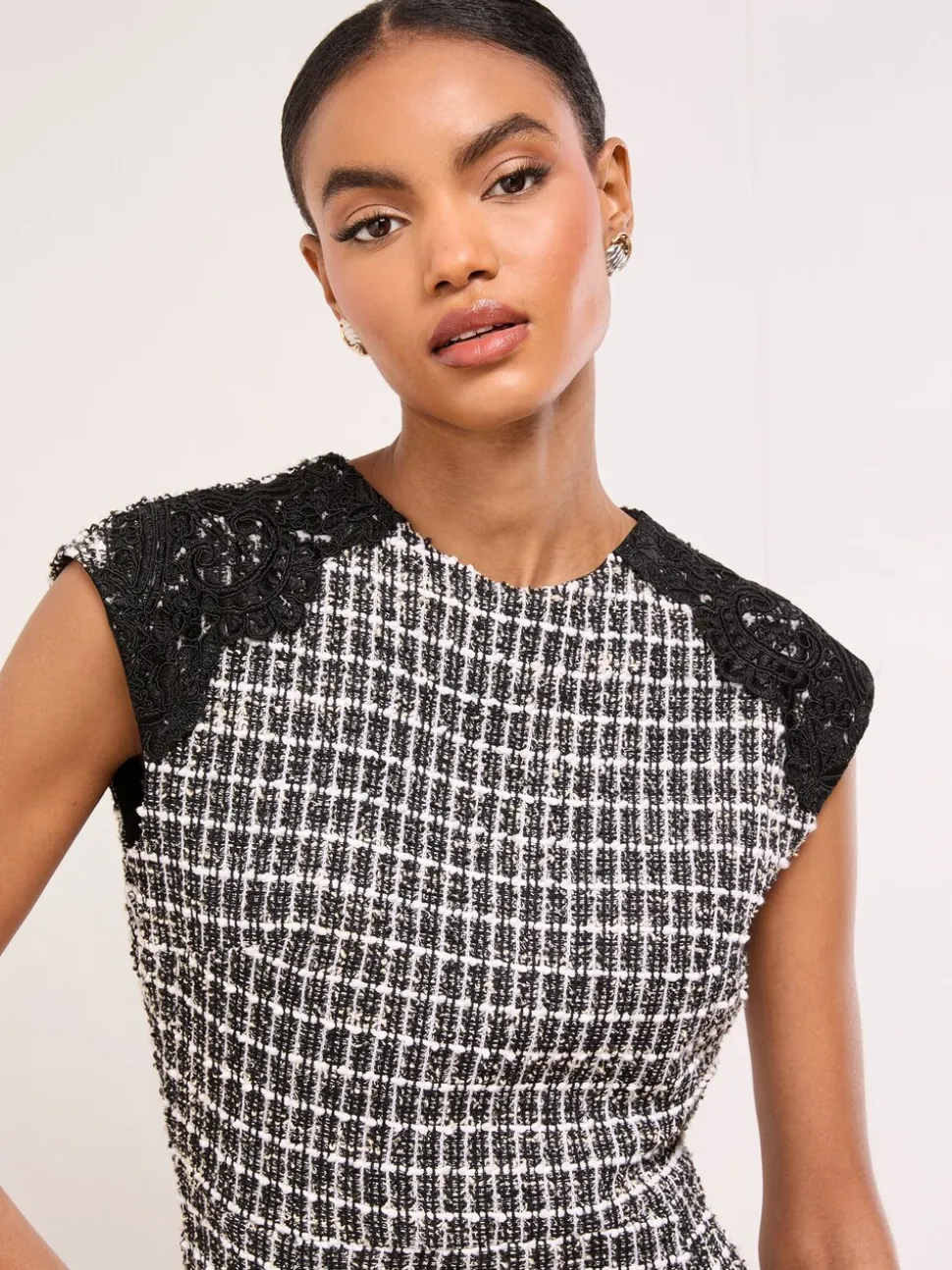 Lipsy Boucle Lace Trim Short Sleeve Mini Dress