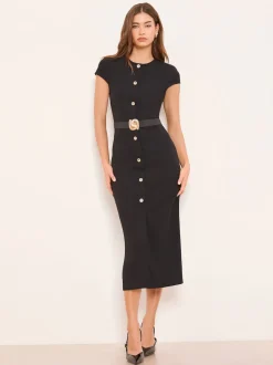 Lipsy Cap Sleeve Button Through Belted Bodycon Midi Dress