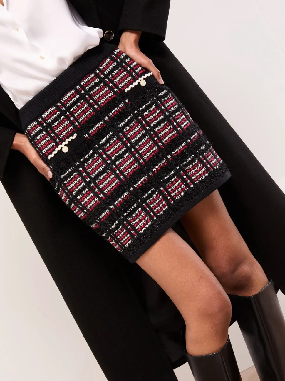 Lipsy Checked Boucle Trim Detail Knitted Mini Skirt