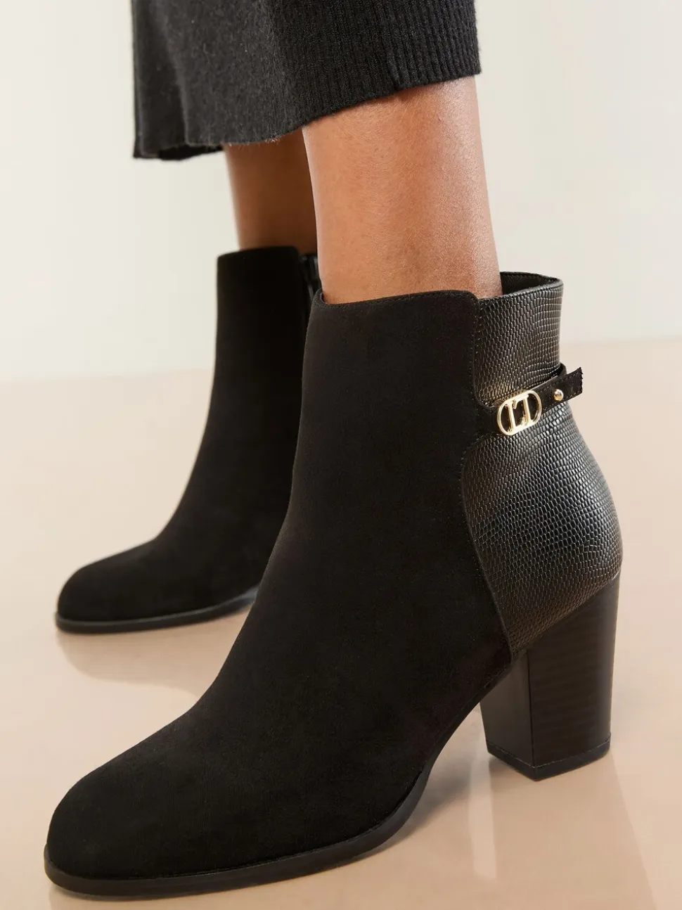 Lipsy Faux Leather Mid Heel Almond Toe Mixed Fabric Ankle Boots