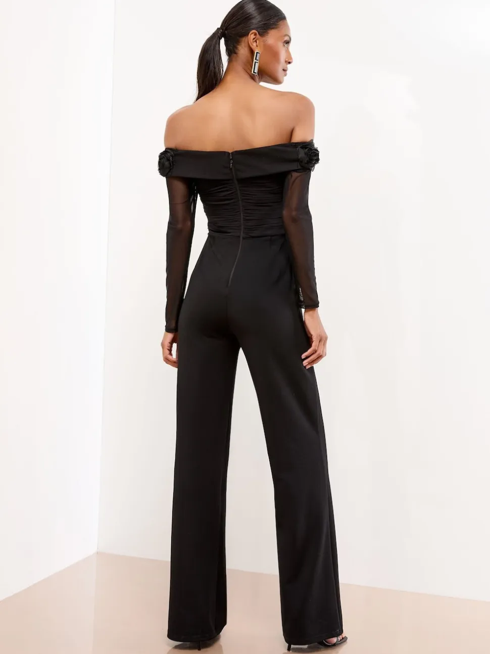 Lipsy Flower 3D Trim Bardot Long Sleeve Mesh Jumpsuit