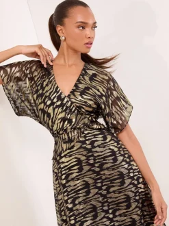 Lipsy Metallic Printed V-Neck Fit And Flare Midi Dress
