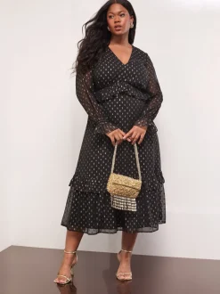 Lipsy Metallic Spot V-Neck Ruffle Midi Dress