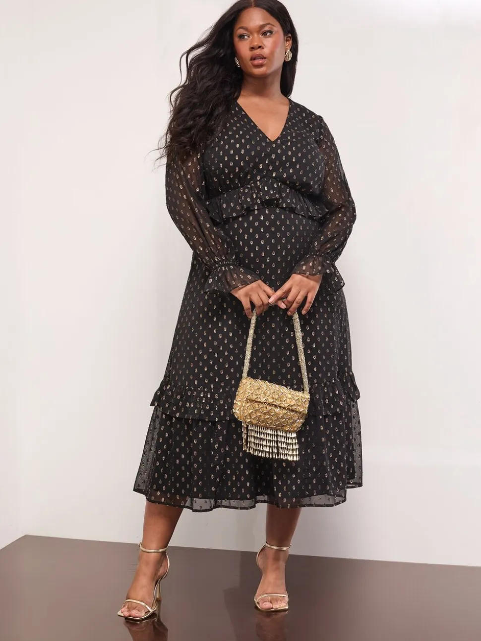 Lipsy Metallic Spot V-Neck Ruffle Midi Dress