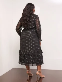 Lipsy Metallic Spot V-Neck Ruffle Midi Dress