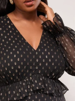 Lipsy Metallic Spot V-Neck Ruffle Midi Dress