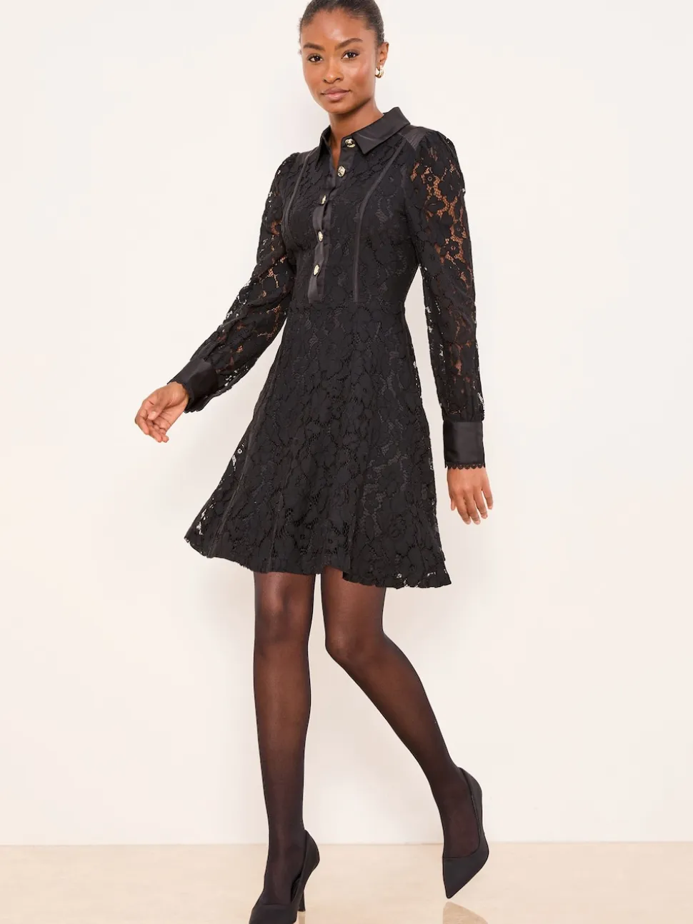 Lipsy Mini All-Over Lace Long Sleeve Skater Dress