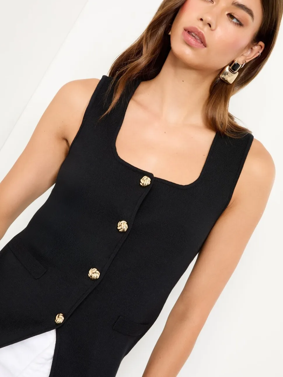 Lipsy Square Neck Mock Placket Buttoned Knitted Waistcoat Top