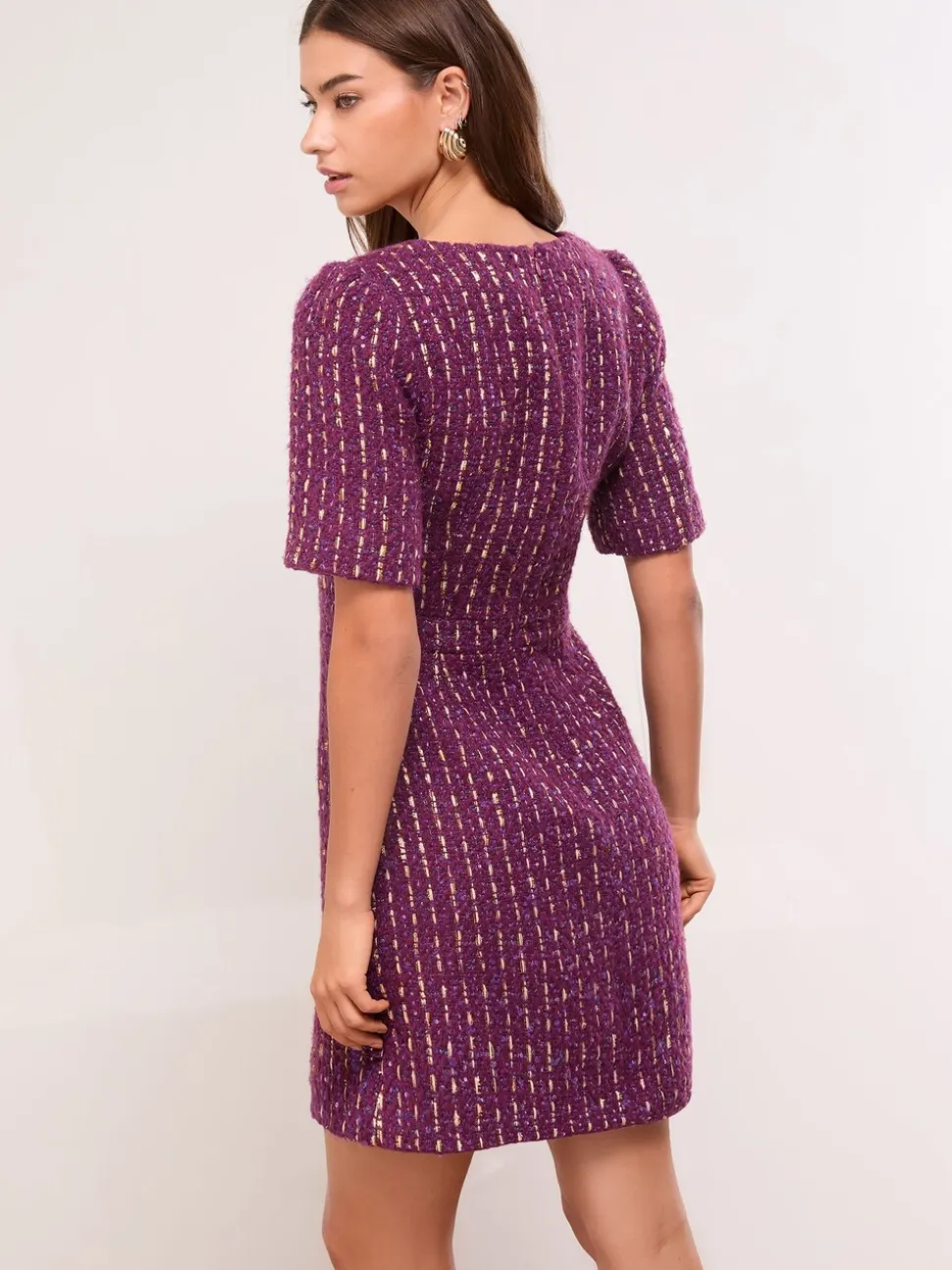 Lipsy Tweed Square Neck Boucle Gold Button Dress