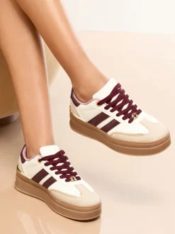 Lipsy Wide Fit White and Burgundy Chunky Gum Sole Sports Trainers