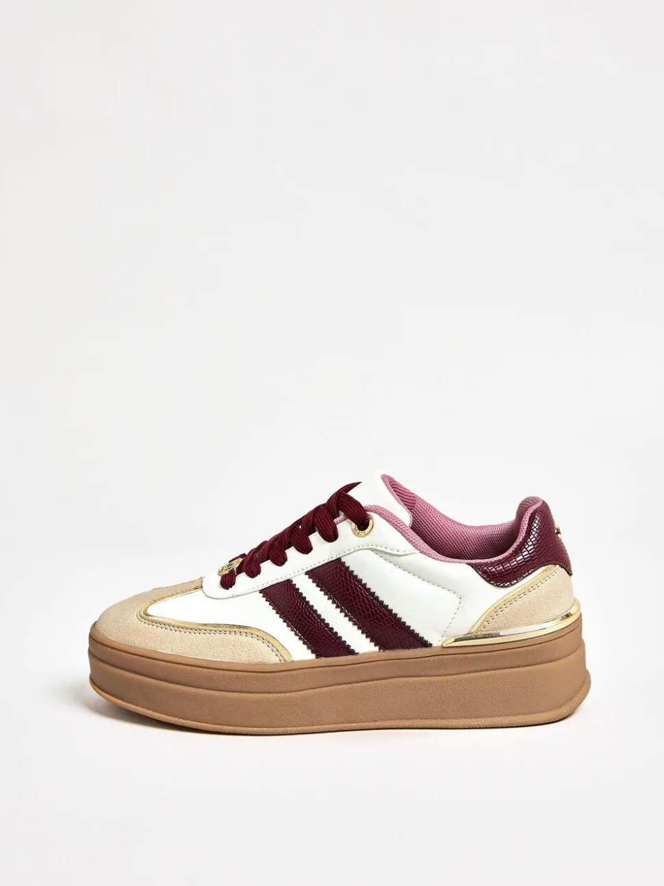 Lipsy Wide Fit White and Burgundy Chunky Gum Sole Sports Trainers