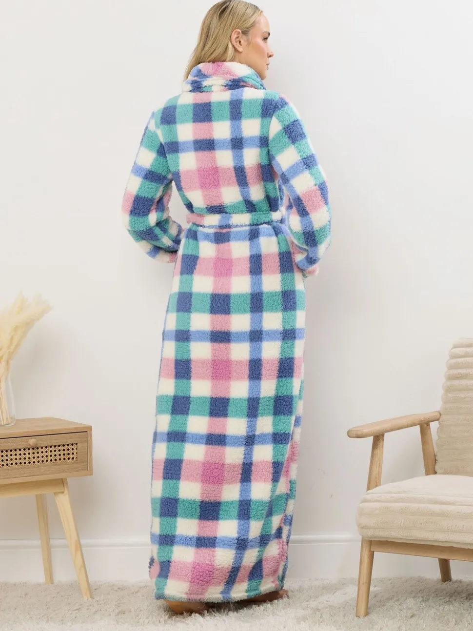 Long Tall Sally Multi Check Borg Shawl Maxi Robe