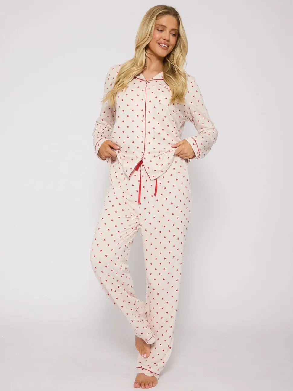 Loungeable Brushed Knit Heart Printed Traditional Long Sleeve Pyjamas