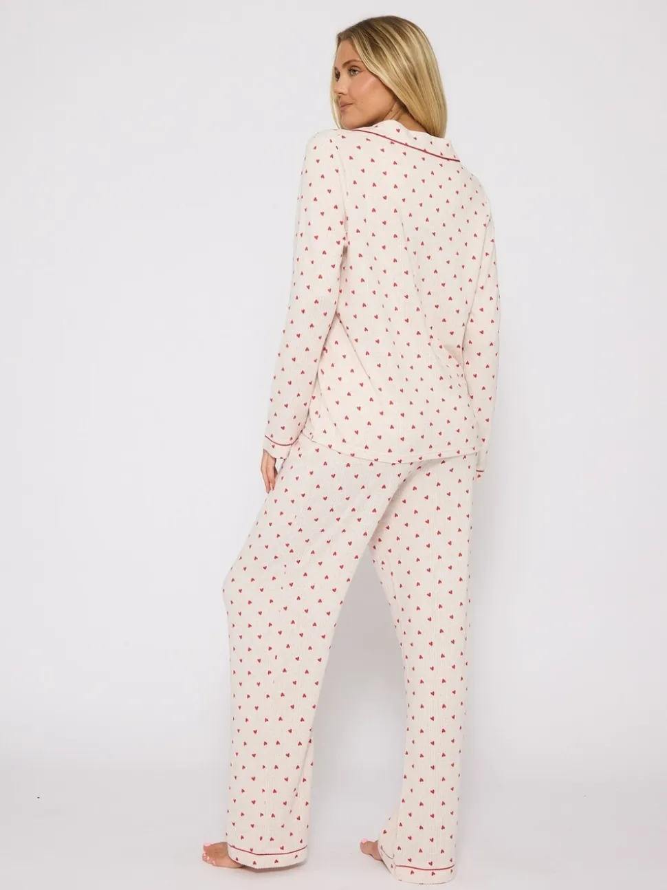 Loungeable Brushed Knit Heart Printed Traditional Long Sleeve Pyjamas