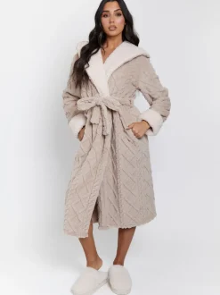 Loungeable Cable Cutwork Hooded Midi Dressing Gown