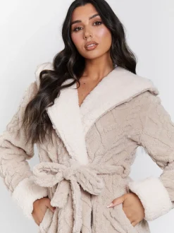 Loungeable Cable Cutwork Hooded Midi Dressing Gown