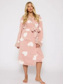 Loungeable Jaquard Heart Midi Hooded Dressing Gown
