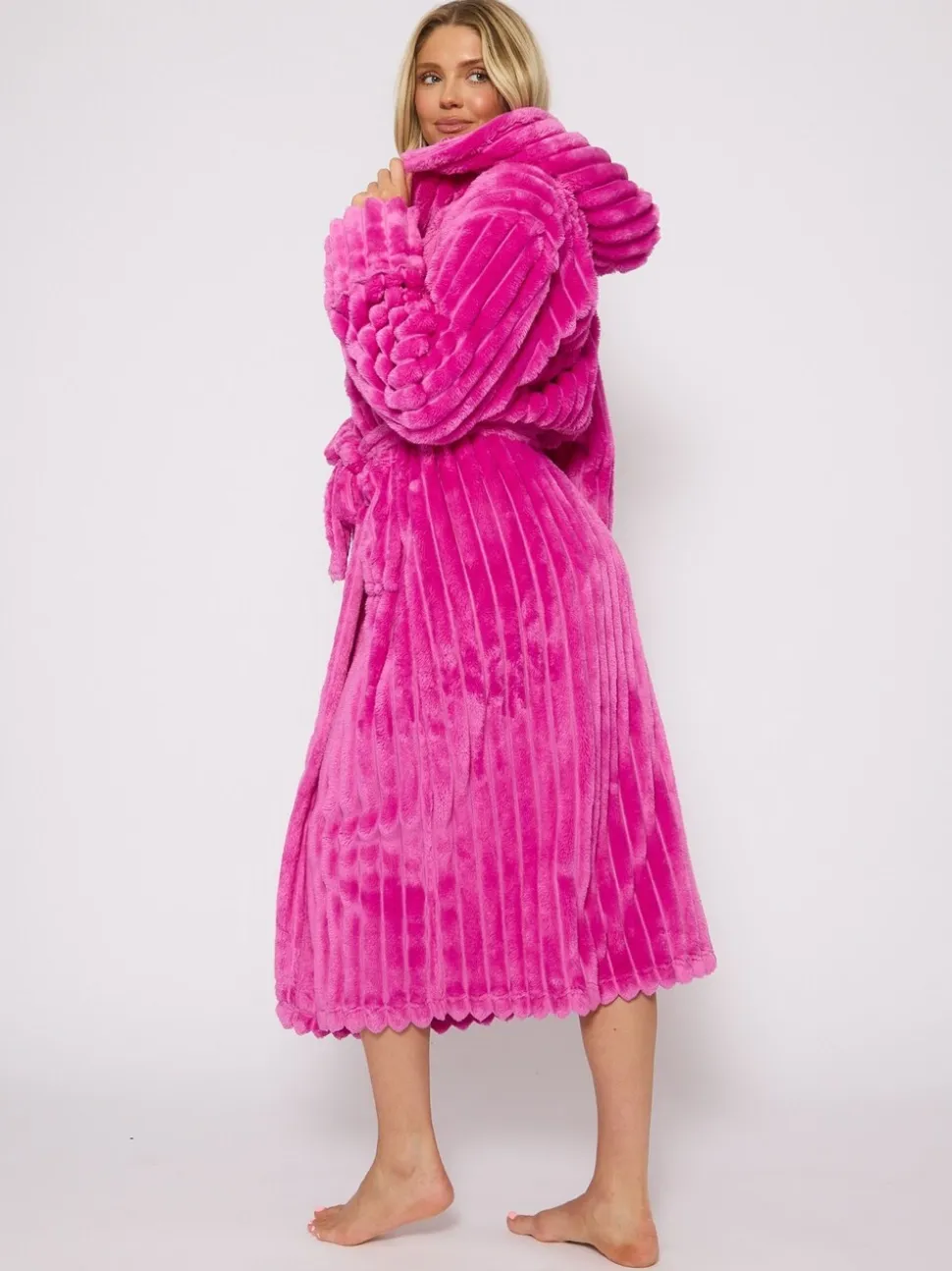 Loungeable Plush Ridged Fleece Midi Hooded Dressing Gown
