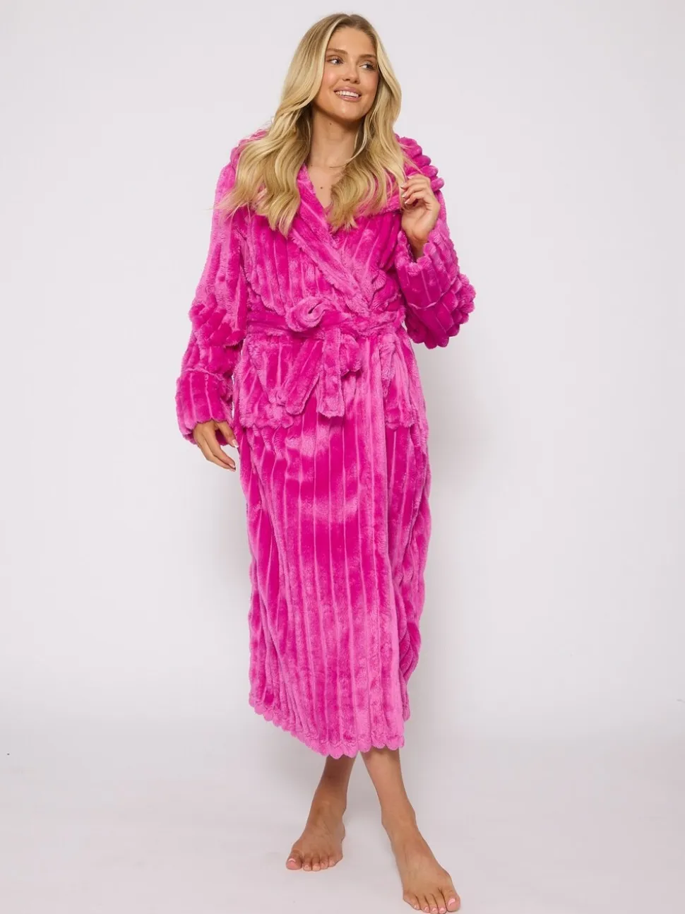 Loungeable Plush Ridged Fleece Midi Hooded Dressing Gown